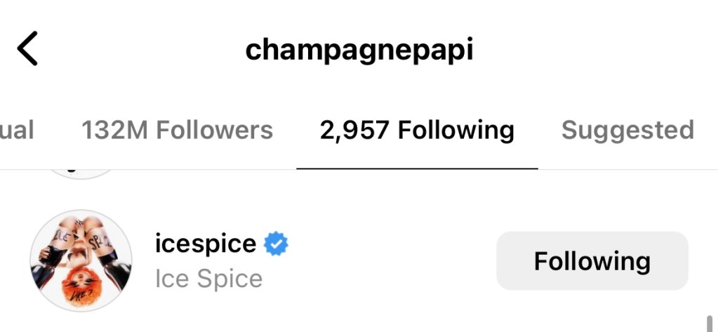 Drake follows Ice Spice on Instagram again