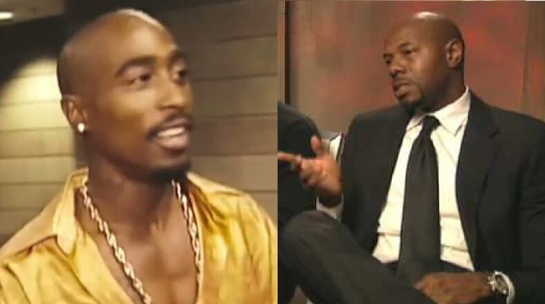 Side-by-side image featuring the late Tupac Shakur on the left, in a gold shirt, and filmmaker Antoine Fuqua on the right, wearing a black suit and tie, in a seated interview.