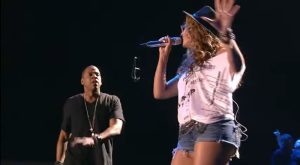 Jay-Z and Beyoncé performing together on stage, rumored to be featured on Dr. Dre's Detox album