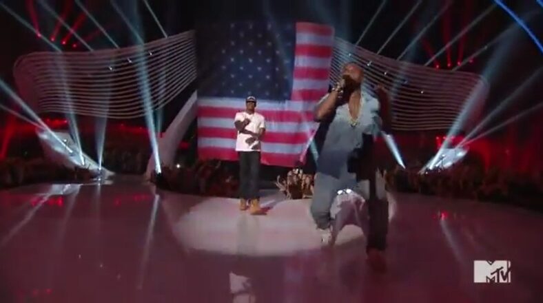 Jay-Z and Kanye West performing live at the 2011 MTV Video Music Awards.
