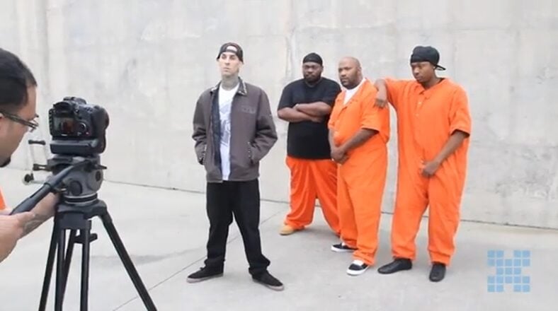Travis Barker shares video clip of him with Beanie Sigel and Bun B in jail for "Just Chill" music video.