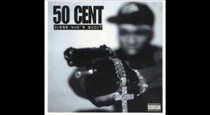 50 Cent Guess Who’s Back album cover with a blurred-out figure holding a chain and a gun.