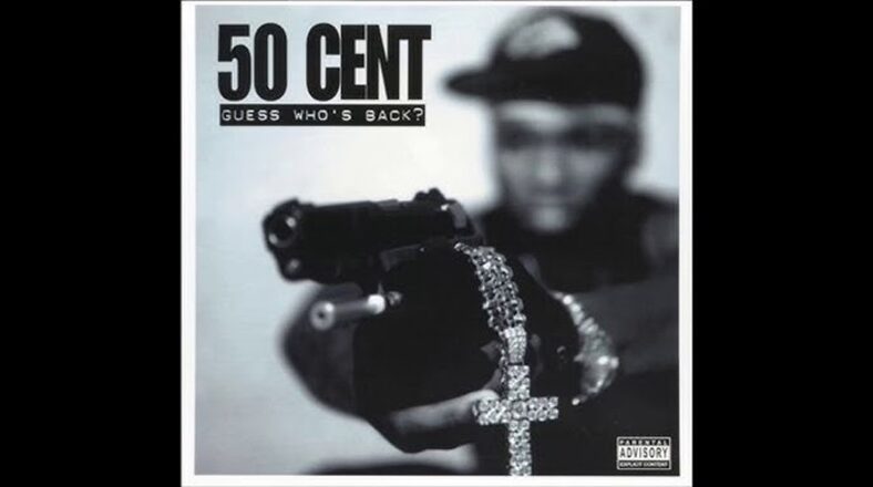 50 Cent Guess Who’s Back album cover with a blurred-out figure holding a chain and a gun.