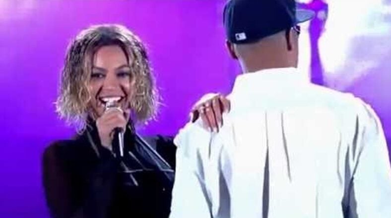 Beyoncé and Jay-Z performing "Drunk in Love" at the Grammys.