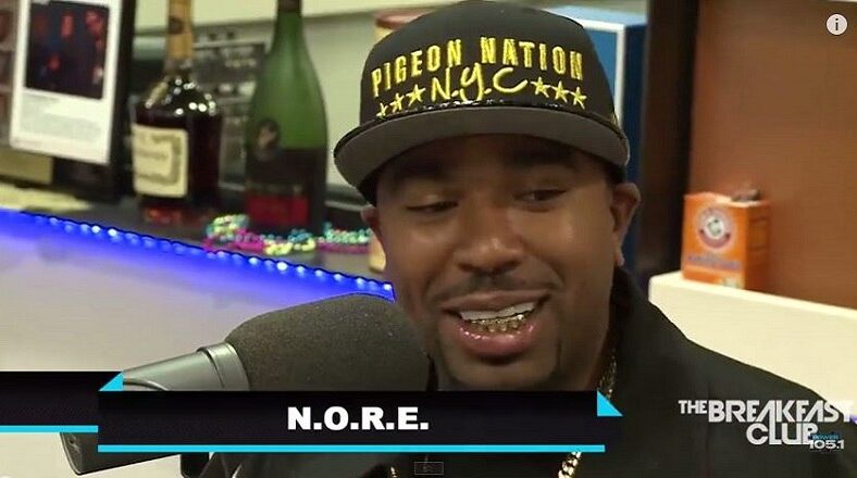 N.O.R.E. speaking during his Breakfast Club interview, detailing his reunion with Nas and reflections on hip-hop legends.