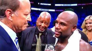 Floyd Mayweather speaks in post-fight interview after winning against Conor McGregor, confirming his final fight and career record of 50-0.