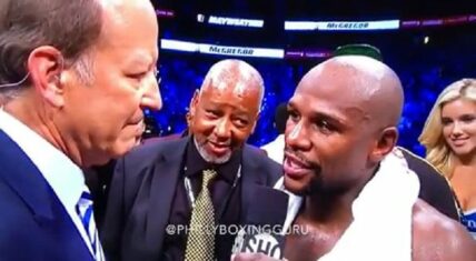 Floyd Mayweather speaks in post-fight interview after winning against Conor McGregor, confirming his final fight and career record of 50-0.