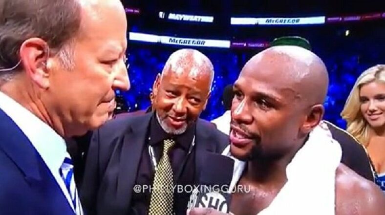 Floyd Mayweather speaks in post-fight interview after winning against Conor McGregor, confirming his final fight and career record of 50-0.