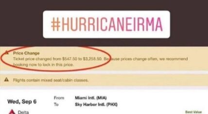Screenshot of a Delta Airlines ticket showing a price surge from $547.50 to $3,258.50 due to Hurricane Irma.