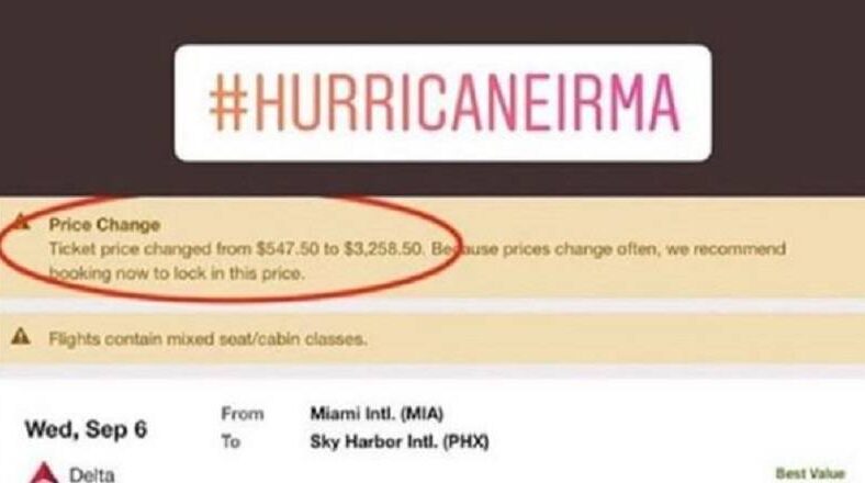 Screenshot of a Delta Airlines ticket showing a price surge from $547.50 to $3,258.50 due to Hurricane Irma.