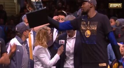 Kevin Durant holds the NBA Finals MVP trophy after leading the Golden State Warriors to a 4-0 sweep of the Cleveland Cavaliers in the 2018 NBA Finals