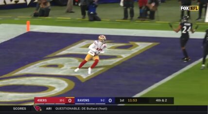Deebo Samuel catches a touchdown pass from Jimmy Garoppolo during 49ers vs. Ravens game.