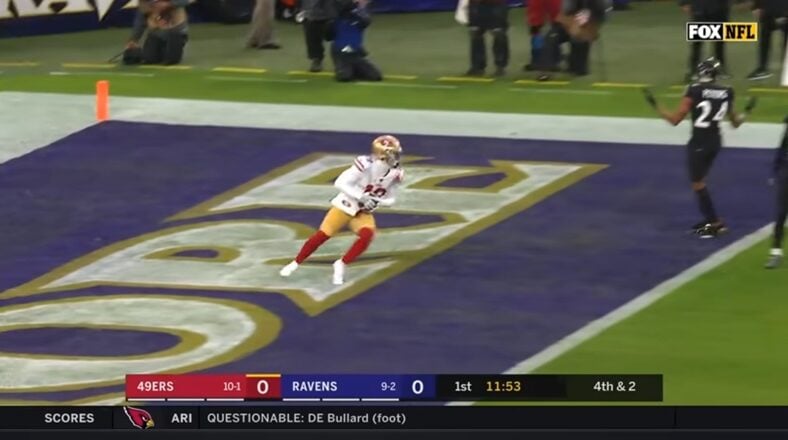 Deebo Samuel catches a touchdown pass from Jimmy Garoppolo during 49ers vs. Ravens game.