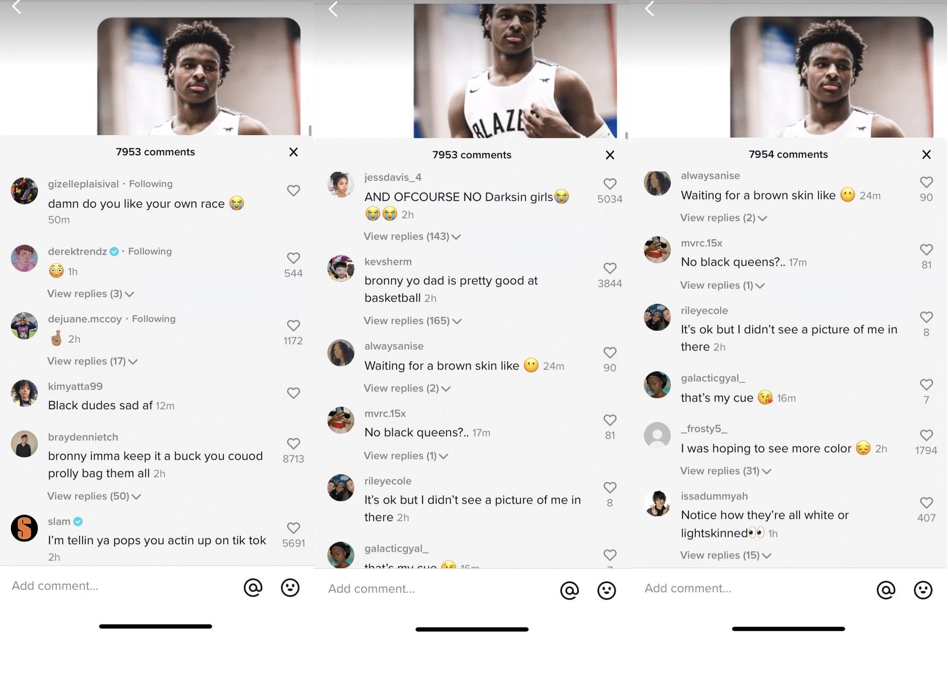 Bronny James shared photos of females he is crushing on, via his Tik Tok. At the age of fourteen, he is doing typical teenager types of things. However, adult fans have decided to use this as an attack on his character, calling him a "colorist."