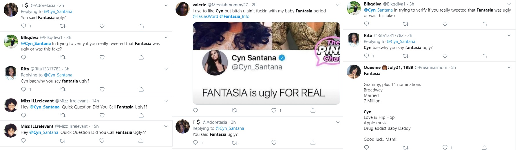 Cyn Santana, in 2019, had old tweets resurface, from where she called singer, Fantasia, "ugly," years ago. At the time, reports of that old tweet came and went. Now, however, fans have gone back to those tweets, and are now addressing Cyn, asking her if she really called Fantasia ugly.