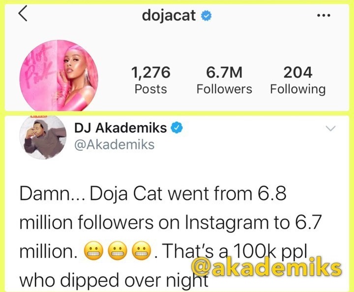 Doja Cat was yesterday's leading trending topic, for all of the wrong reasons. Her past racist and homophobic jokes came back to haunt her. Now, the numbers are in, and Doja Cat has lost 100,000 followers, yesterday.
