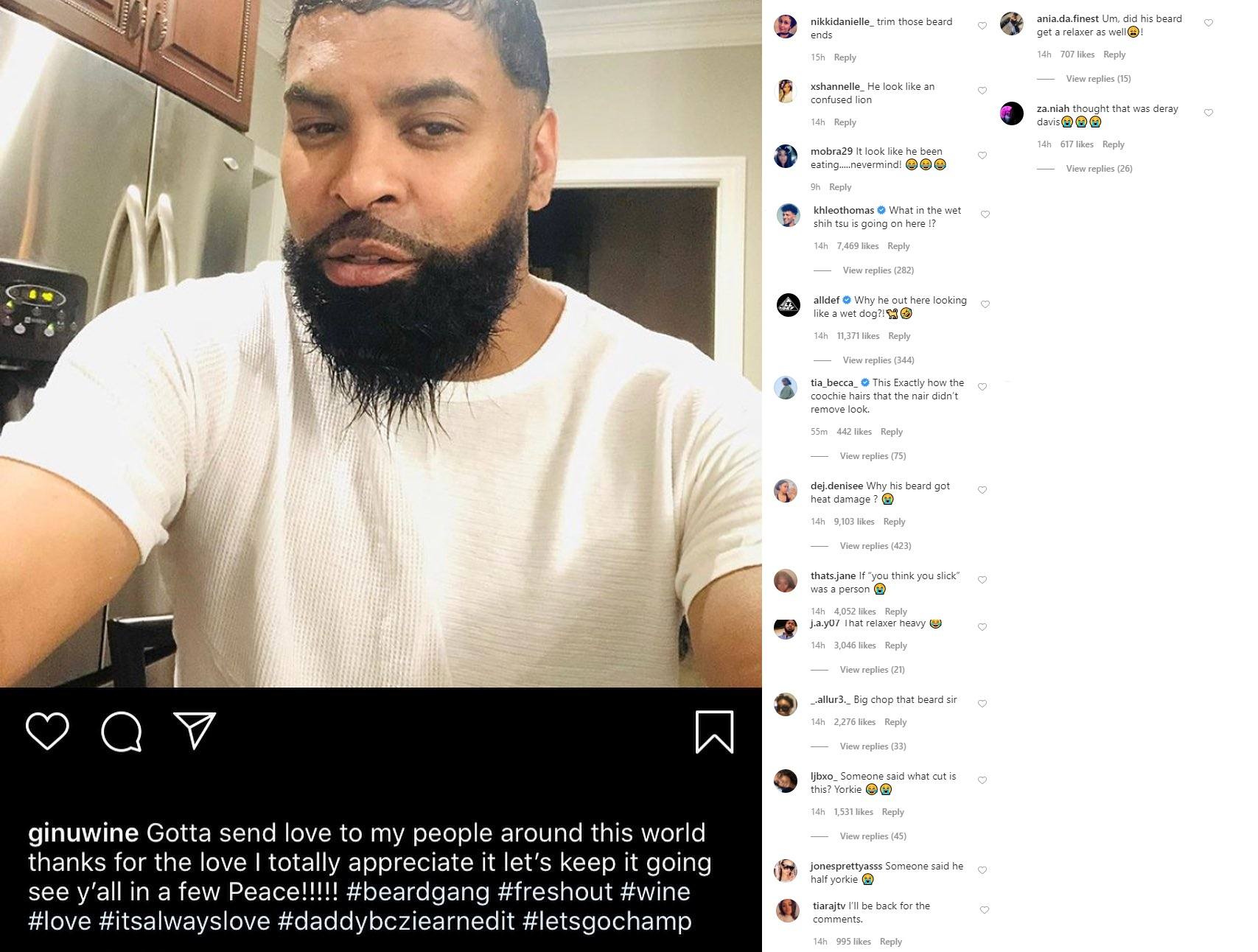 Ginuwine shared this photo of his hair and beard to Instagram. He called himself showing off his quarantine look, as he's unable to visit a barber shop, like most. Instead, Ginuwine found himself being roasted, in the IG comments, over how his hair and beard look.