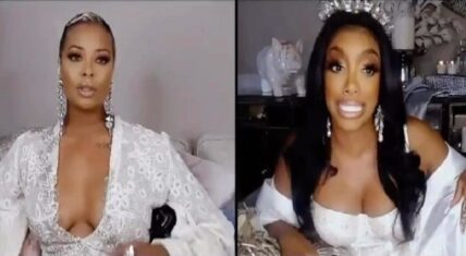Porsha Williams argues with Eva Marcille during part one of "The Real Housewives of Atlanta" reunion. During the argument, Porsha insults Eva, telling her that her breasts are social distancing themselves from each other.