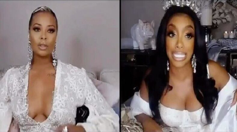 Porsha Williams argues with Eva Marcille during part one of "The Real Housewives of Atlanta" reunion. During the argument, Porsha insults Eva, telling her that her breasts are social distancing themselves from each other.