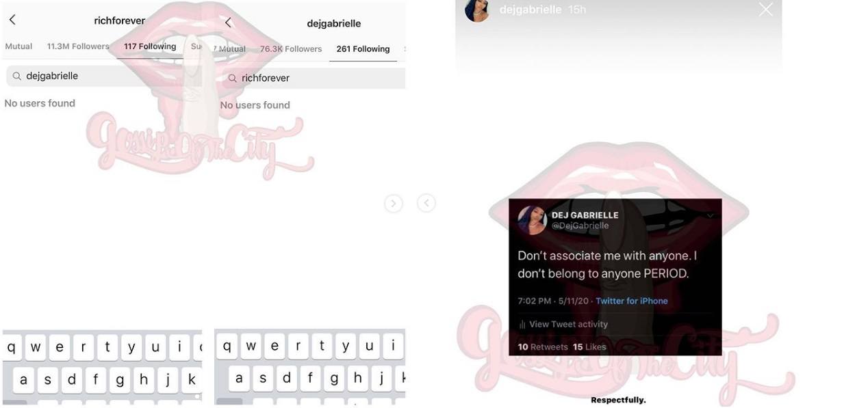 Dej Gabrielle hints at a breakup from her boyfriend, Rick Ross, posting this Instagram photo. In her caption, she has "somebody's future wife" written, which hints at a split. Also, she and Rick Ross have unfollowed each other, and she ranted on Twitter about people associating her name with other people.