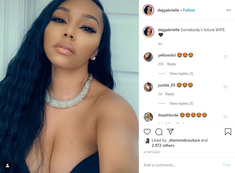 Dej Gabrielle hints at a breakup from her boyfriend, Rick Ross, posting this Instagram photo. In her caption, she has "somebody's future wife" written, which hints at a split. Also, she and Rick Ross have unfollowed each other, and she ranted on Twitter about people associating her name with other people.