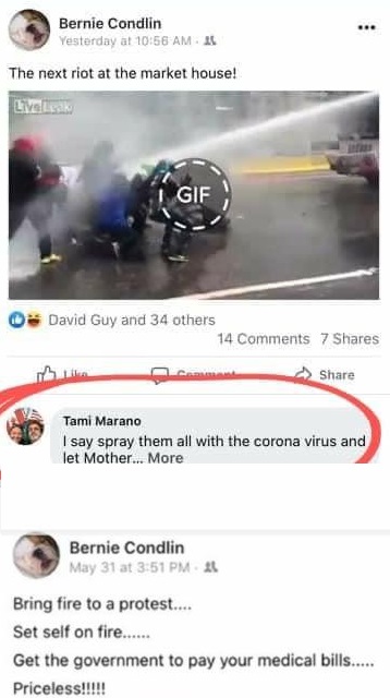 Bernie Condlin is the Lead Public Defender of Cumberland County, North Carolina, the home of Fayetteville. The city of Fayetteville is currently the epicenter of the NC George Floyd protests, in large part due to him being from nearby Raeford. Condlin, despite his position, within the county, shared a GIF on Facebook of protesters being sprayed by firehoses, saying this is what he wants to see the next time riots take place at Market House, leading to former county public defender, Tami Marano, adding that she hopes protesters are sprayed with Coronavirus, though she later apologized.