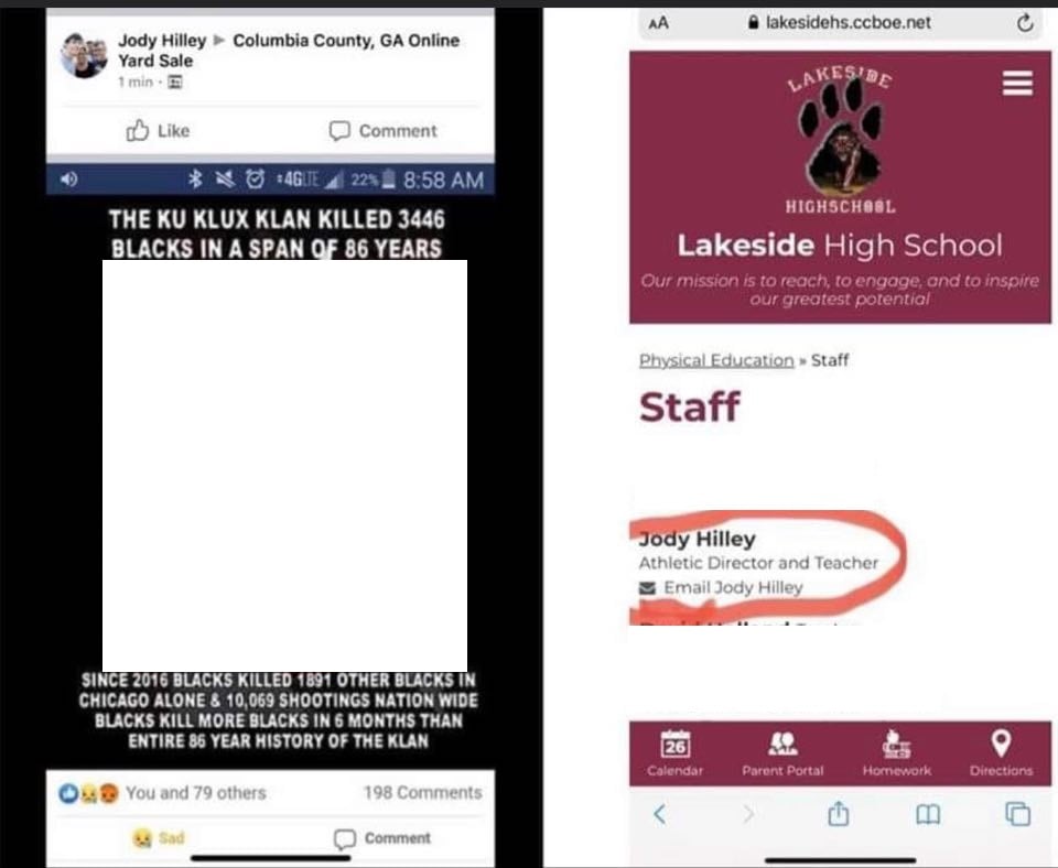 Jody Hilley, the Athletic Director of Lakeside High School, in Columbia County, Georgia, has offered her two cents in the current racial divide. Of all times, Hilley chooses now to share a meme of a black man wearing a KKK sheet. Along with that, the meme states that the Ku Klux Klan only killed 3,446 black people in the span of 86 years, while black people have killed 1,881 of their own, since 2016, in Chicago, alone, along with over 10,000 others being shot, nationwide, during that timespan.