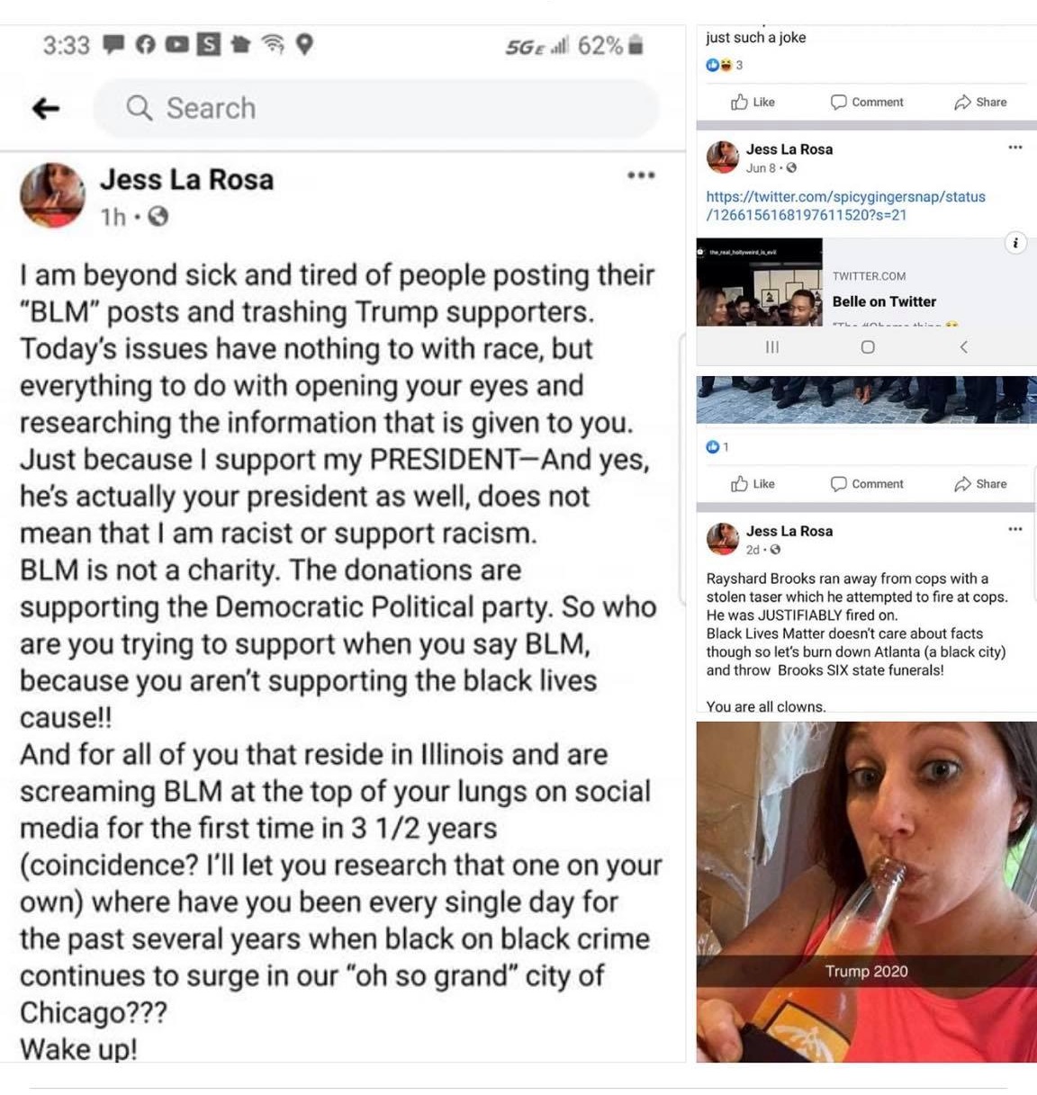 Jenn La Rosa is the manager of a Starbucks, in Carpenterville, Illinois. This is a small city in the suburbs of Chicago, and she is a vocal Trump supporter. Somehow, she has tied the death of Rayshard Brooks, and the Black Lives Matter movement directly to the Democratic Party. Regarding Rayshard Brooks' death, Jenn said his shooting was justifiable, and that she is tired of hearing about Black Lives Matter.