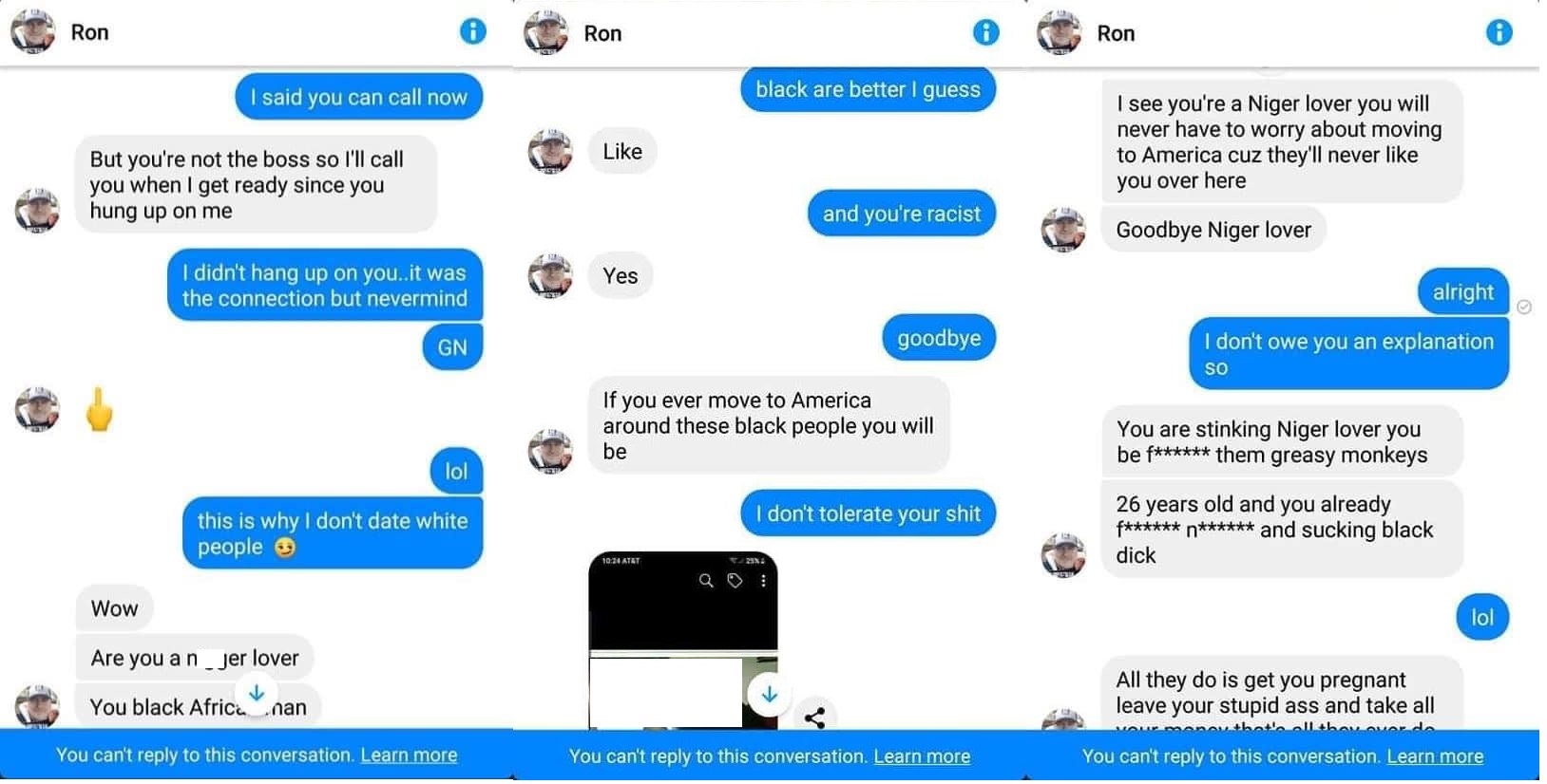 Ron Black, the owner of CBR Towing, Inc., in Charleston, South Carolina, admitted to being a racist. He got into an argument with a woman, inboxing her. First, he called her a "n*gger lover," and then went onto say many cruel things about black people, calling them grease monkeys, admitting to being racist, and told the woman that if she lived in America, being around "these black people" would make her racist, too.