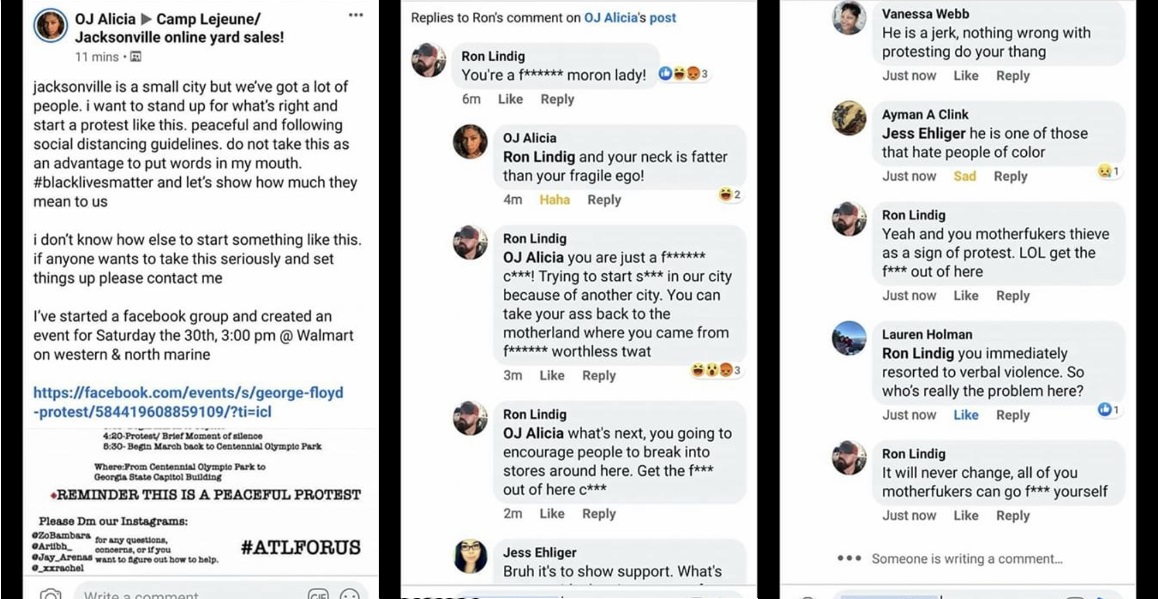 Ron Lindig, local Jacksonville, North Carolina business owner, CEO of Fine Line Custom Painting, makes racist remarks on Facebook. After a woman suggests a peaceful protest, he tells her to go back to the motherland, where she came from. After receiving backlash, Lindig responded by insulting black people, motherf*ckers and thieves.