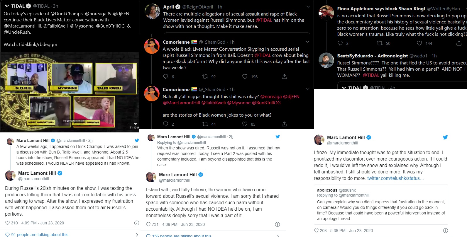 Russell Simmons being on the latest episode of Drink Champs rubbed many the wrong way. A documentary was produced about him and his alleged sexual harassment and people are still highly upset with him. The backlash was so strong that TIDAL deleted the tweet, and Marc Lamont Hill addressed it, saying he didn't originally know he was on the episode with Simmons, and asked TIDAL not to air his part, and that he stands with the women who accused him.