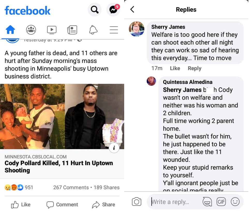 Sherry Jones, a Laboratory Technician for the University of Minnesota Medical Center, recently made controversial remarks. She commented on the Facebook post, about the death of Cody Pollard. Seeing the story, on Facebook, she commented that welfare is too good if "they" can shoot each other all night, they can go to work.