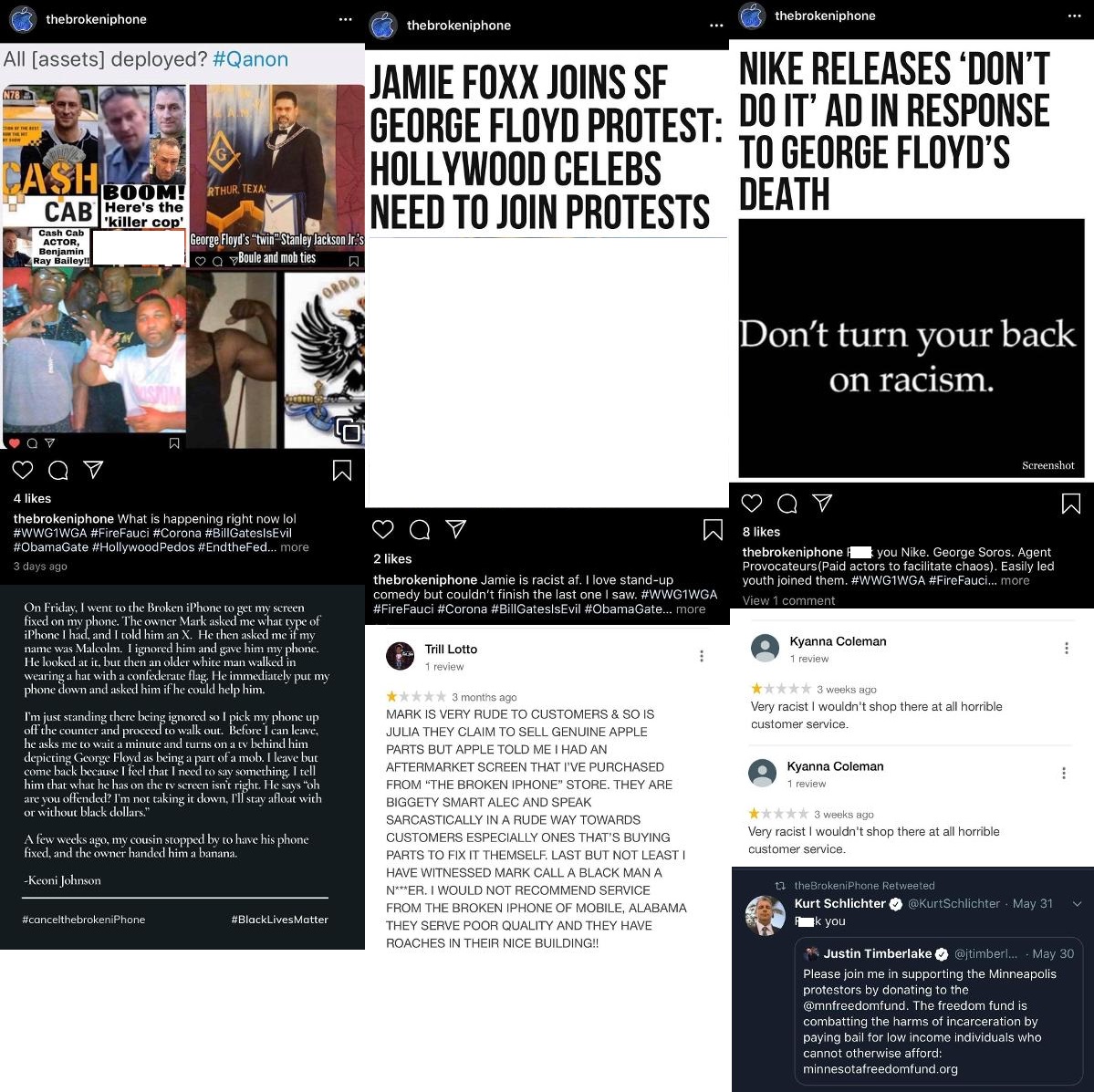 Mark, the owner of Mobile, Alabama's The Broken iPhone, is accused of being a racist. In a letter written by Keoni Johnson, a young black man, he claimed the owner, Mark, asked him if his first name was Malcolm, when he told him he had an iPhone X, and that he immediately left him, when a white man, wearing Confederate attire, walked in, to assist him. Meanwhile, reviews of the business accuse The Broken iPhone of being both dishonest and racist. The Broken iPhone's Instagram page also called Jamie Foxx a racist and said "f*ck you to Nike."