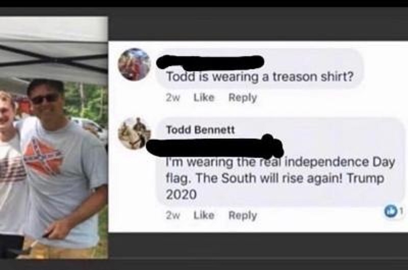 Todd Bennett, a police officer, in Belleville, Ontario, in Canada, shared a photo of himself wearing a Confederate flag t-shirt. One of his friends commented, asking if he was wearing a treason t-shirt. He replied that he was wearing the "real" independence day flag, and "The South will rise again," a George Wallace quote.