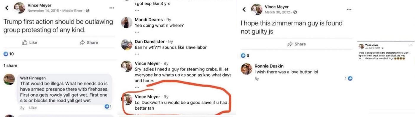 Vince Meyer, the owner of Vince's Crab House, and Crab Shack, in Maryland, has some racially-insensitive Facebook remarks resurface. The Maryland businessman told one of his Facebook friends they would make a good slave, if they had a better tan. When Trump was elected president, he said he wished he would make protesting illegal, along with saying the Social Services offices are one place he bet protesters never rioted.