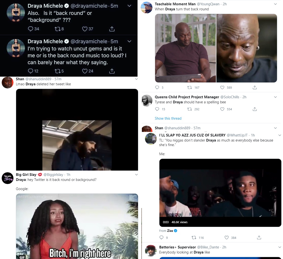 Draya Michele was on Twitter and she mentioned "back round music," which sparked a reaction on Twitter. After the jokes, Draya asked if it is called "background or back round," referring to the background, leading to Twitter erupting in jokes. Promptly, Draya deleted her tweets.