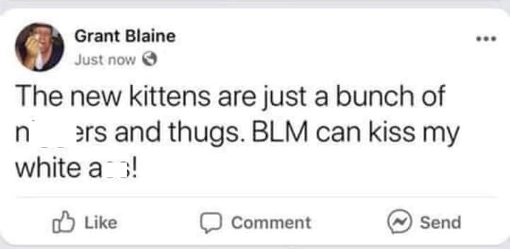 Grant Blaine, the apparent owner of Grant's Construction, in Elizabethon, Tennessee is another person that has problems with Black Lives Matter. On his personal Facebook, Grant Blaine called Black Lives Matter "a bunch of n*ggers and thugs." Then, on the company's Facebook page, Grant Blaine mocked BLM, calling them "terrorist," while holding up cupcake with a black fist.