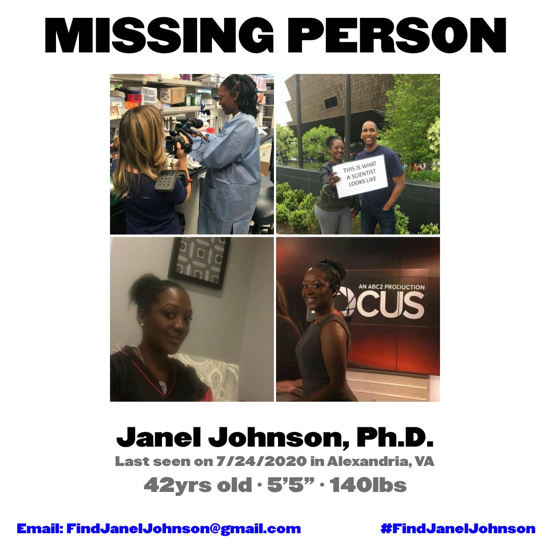 Janel Johnson is a doctor, from Alexandria, Virginia. This young woman, Dr. Johnson was reported missing, last heard from in Alexandria, Virginia, on July 24. According to Facebook comments, her phone was found, traced to DC, and when it was called, a man answered.