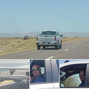 La Vonda Bentley-Wells was driving to her brother's house, when she encountered the man driving this white truck. The man began trying to run Bentley-Wells off the road, as she was driving with her two daughters, and granddaughter. As the man was going around her, Bentley-Wells shared to Facebook that he gave the gun symbol with his finger and aimed it at his head, threatening her. While he did this, the man's family was in the truck, laughing.