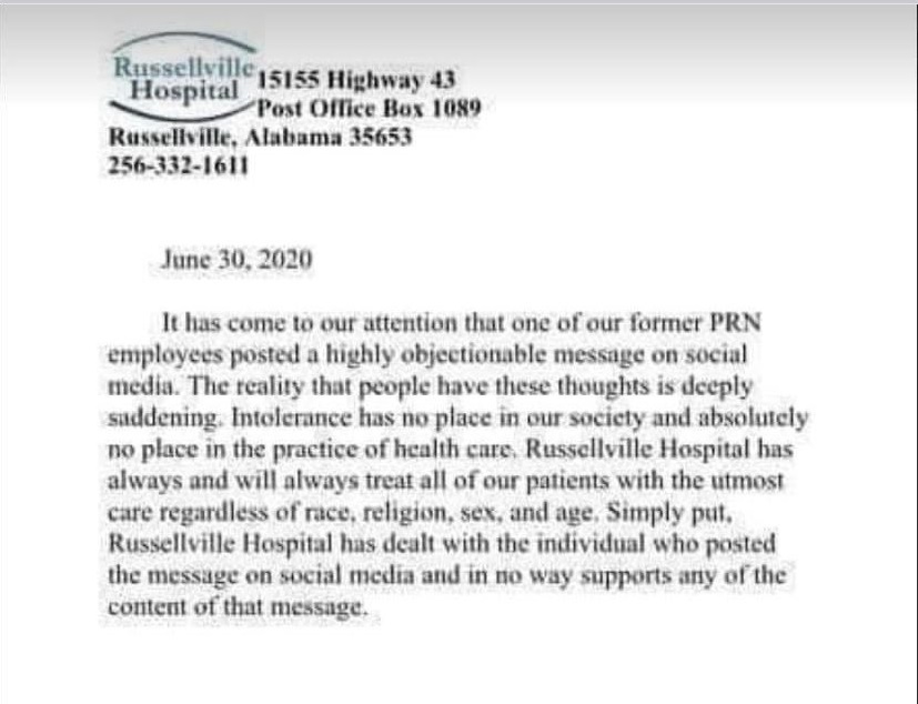 Linda Hutcheson, the ICU Registered Nurse, who made the racist comments, asking the KKK to return, worked for the Russellville Hospital. Many people put pressure on the hospital to fire her. On June 30, 2020, Russellville Hospital, in Alabama, released a statement
