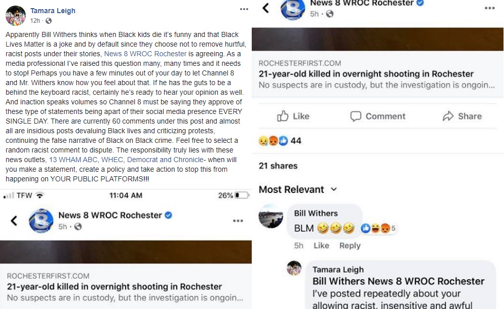 Tamara Leigh ran across something disturbing, on her Facebook timeline. There was a news report about a 21-year-old black person being shot in an overnight shooting. Apparently, this was black-on-black crime, so local newscaster, Bill Withers, commented by mockingly saying "BLM," along with the crying laughing emoji.