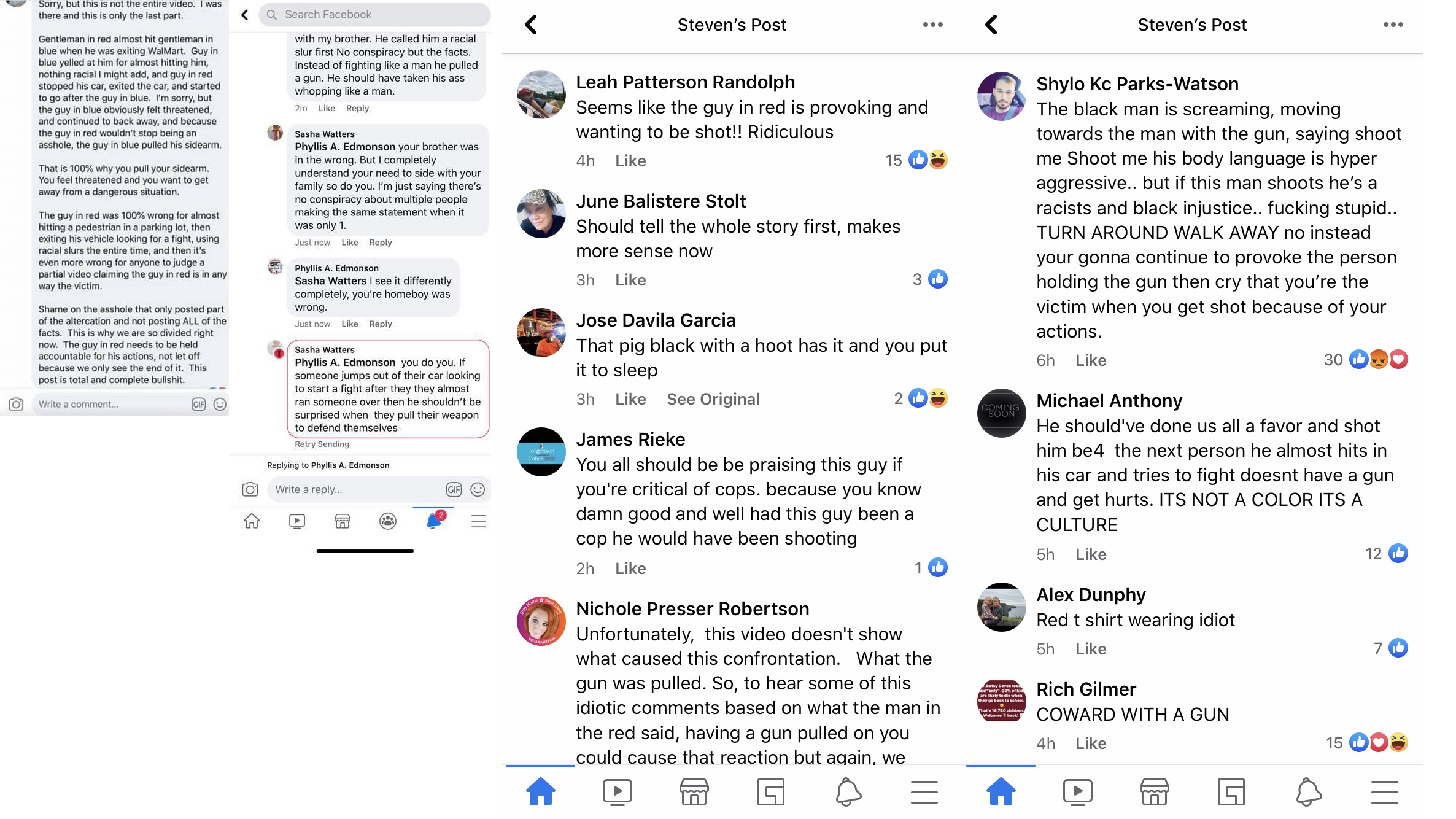 Steven Nowak shared a video on Facebook of two men who got into an altercation. On the video, all that was shown was a white man pointing a gun at a black man, cocking it several times, as the black man hurled insults and slurs at him, egging him onto shoot him. Meanwhile, a man wearing a mask tried to break things up, as onlookers watched. An eyewitness claims the fight broke out, due to the black man nearly running the white man over and, instead of simply talking, jumping out of his vehicle to immediately begin screaming and cursing.
