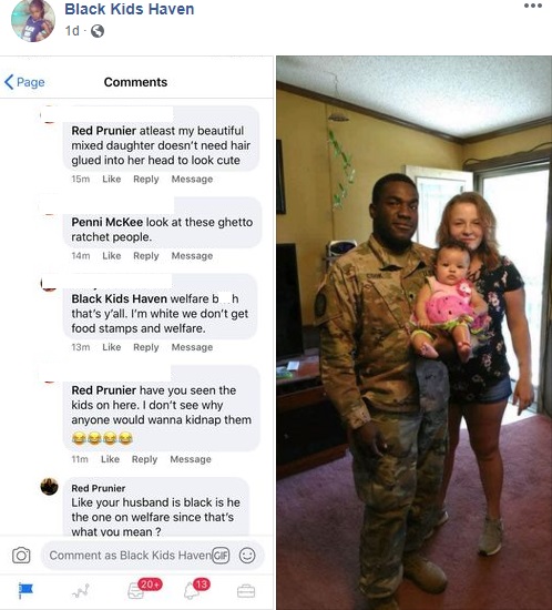 Black Kids Haven shared a photo to Facebook of an interracial, family. However, the current racial climate has racists more bold to say what's on their mind. When the photo was shared, the woman in the photo, the mother of the mixed child, wife of the black man, came with a series of racist comments, which Black Kids Haven also shared to Facebook.