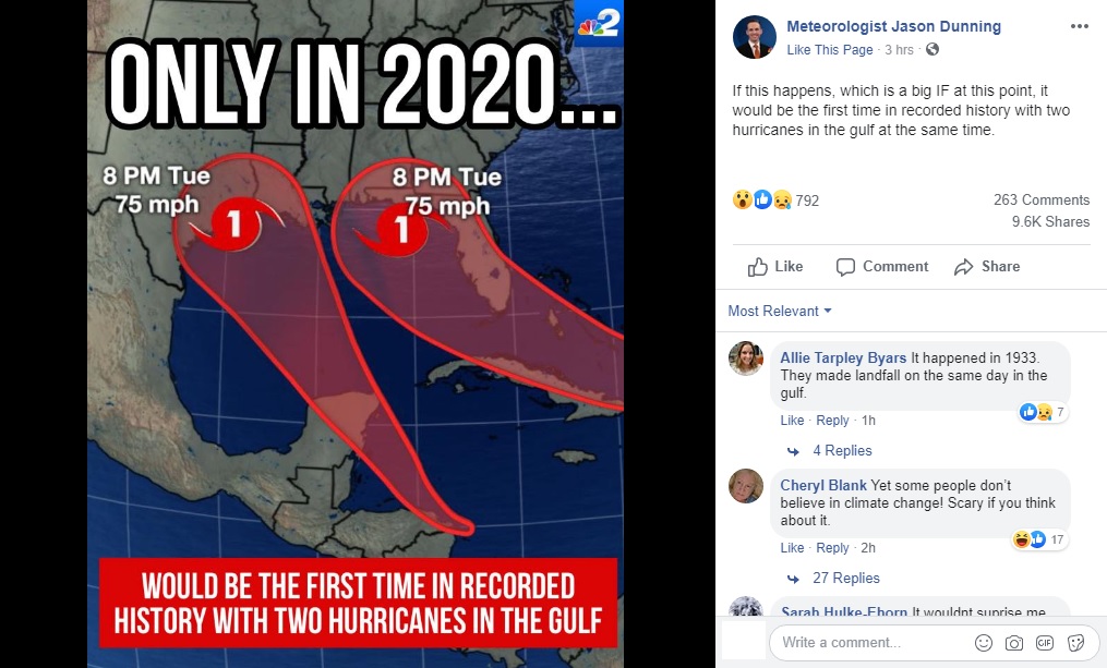Meteorologist Jason Dunning shared a nightmare scenario for the states on the Gulf of Mexico. He shared the possibility, on Facebook, of two hurricanes hitting the Gulf of Mexico, at the same time. This came with a disclaimer that this is highly unlikely to happen.