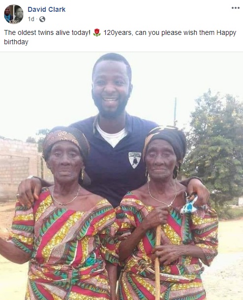 David Clark shares a heartwarming photo, on Facebook. There is a man who is photoed with two elderly women, side-by-side. These ladies are twins, who recently celebrated their 120th birthday, and David Clark is asking people to wish these ladies a happy birthday.