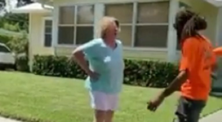 In Orlando, a landscaping crew was doing their job, when they were approached by this racist white woman, on the left. She approached the man on the right, demanding him and the rest of his crew to leave. When they didn't, she repeatedly said "f*cking n*gger b*tch," shouting this until the neighbors came out, and when they defended the crew, she shouted "f*cking b*tch," until she challenged one neighbor to hit her.