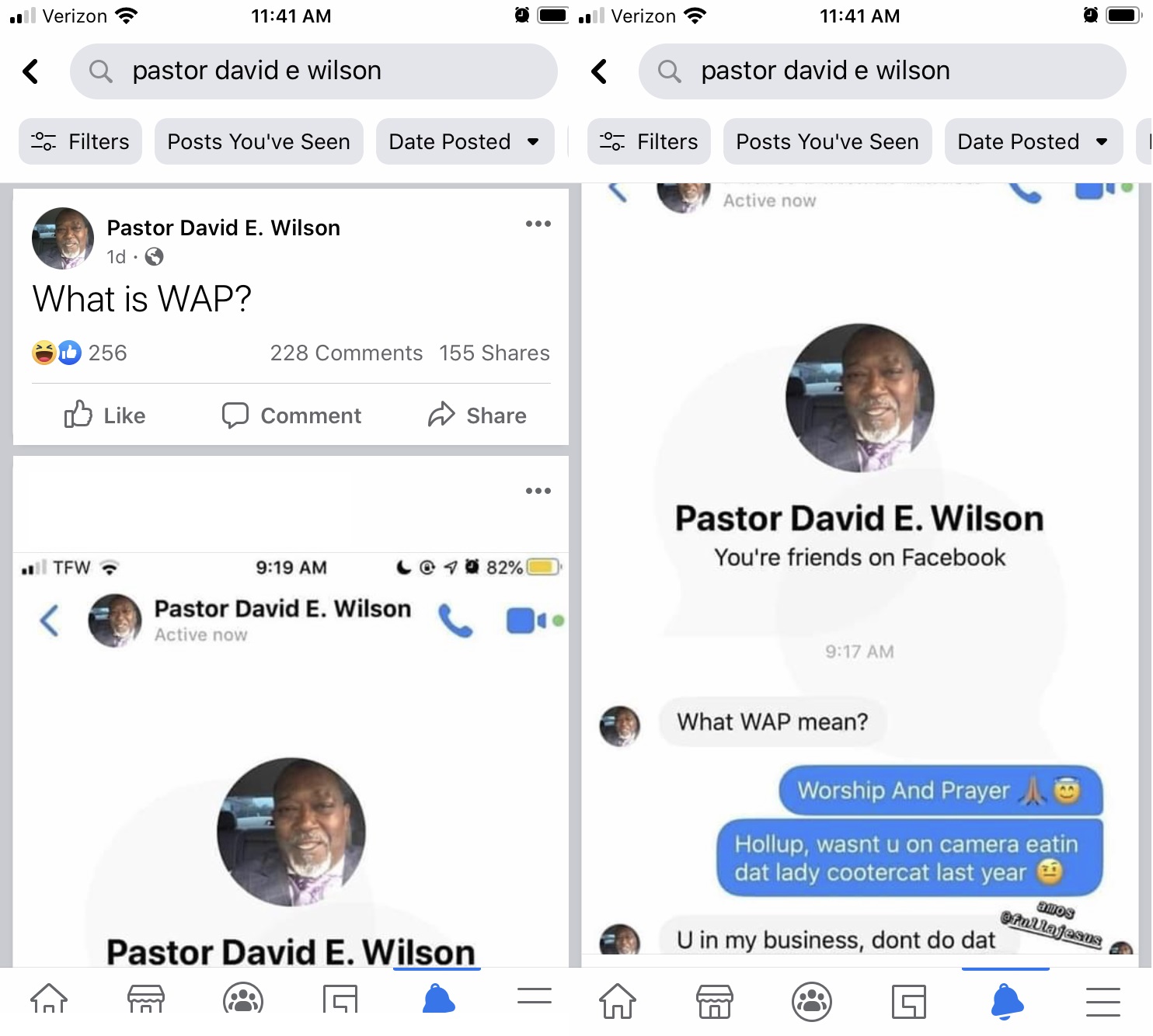 Pastor Wilson, yes Pastor David Wilson from the infamous video, a year ago, is back! This time, the good pastor wants to know what a "WAP" is. Of course, Cardi B and Megan Thee Stallion have made the phrase popular, but Wilson inboxed a person on Facebook, asking what a "WAP" is, and that person asked if he was the pastor from the video, to which he told the person to mind their own business.