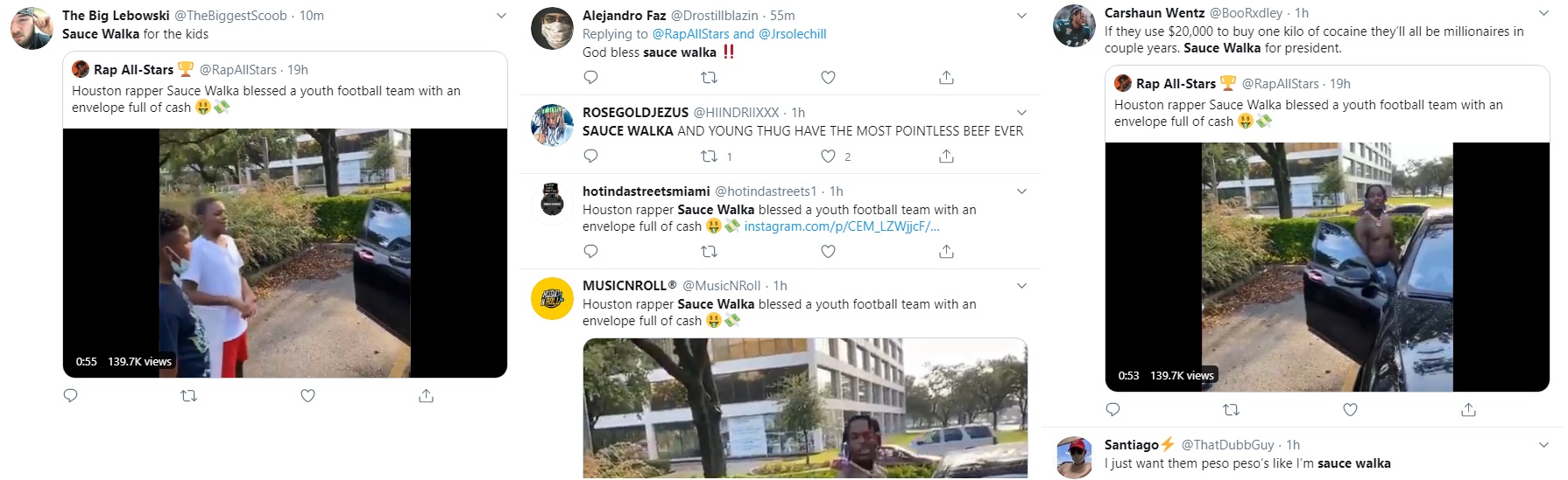 Sauce Walka is a major Houston rapper and he came through for the kids. This young rapper stopped a group of youth football players to hand them an envelope of cash, allowing them to reach in, and pull out a stack. On Twitter, Sauce Walka is receiving praise for his efforts.