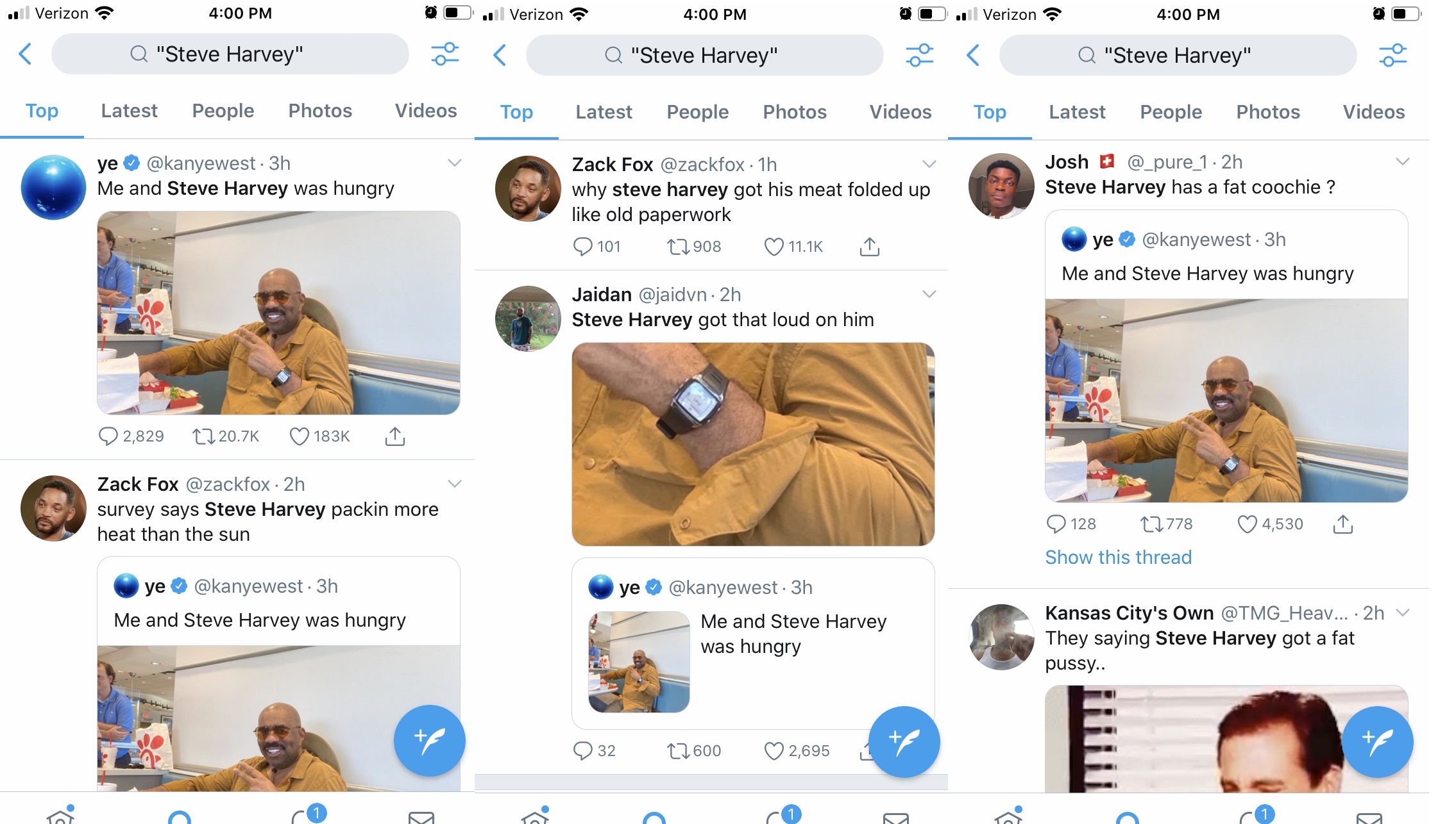 Steve Harvey was posted on Twitter, by Kanye West. The two were eating Chick-Fil-A, but that's not what people noticed. On Twitter, Steve Harvey is trending, because fans noticed the bulge between his legs, saying he's packing that loud.