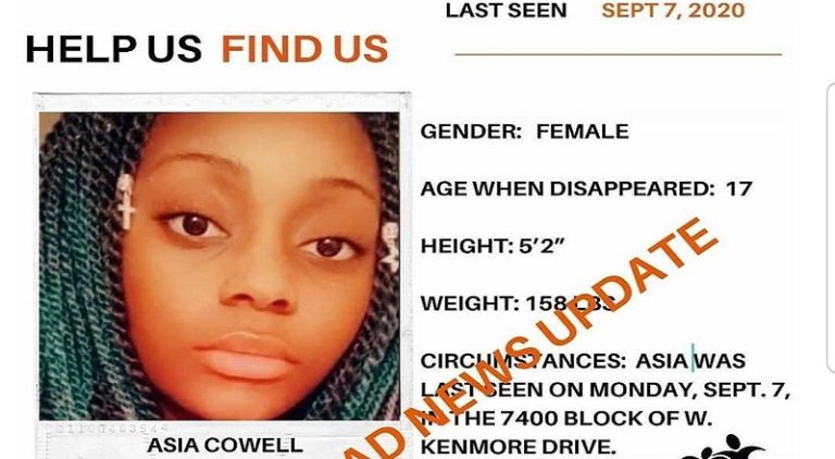 Asia Cowell, of Norfolk, Virginia, had been missing since September 7. Since that time, a major push to find her, and that push recently came to an end. Sadly, Asia Cowell was found, but she was found dead, thus ending the search on a sad note.